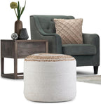 SIMPLIHOME Serena Round Braided Pouf - 18 inch Wide Upholstered Jute and Cotton Ottoman in Natural, Boho-Style Footstool or Extra Seating for Living Room with Polystyrene Bead Filling, Assembled