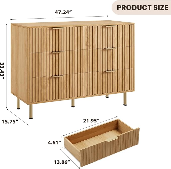 GarveeHome Natural 6 Drawer Dresser for Bedroom, Fluted 47.2 in Wide Modern Chest of Drawers with Deep Drawers, Long Large Double Dresser TV Stand for Living Room, Hallway, Kids Room
