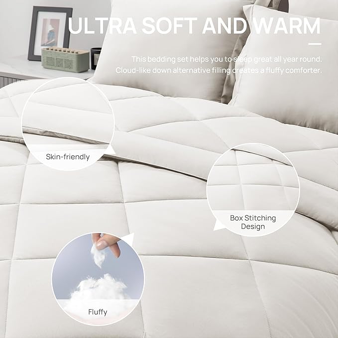 Love's cabin Twin Comforter Set Off White, 5 Pieces Twin Bed in a Bag, All Season Bedding Sets with 1 Comforter, 1 Flat Sheet, 1 Fitted Sheet, 1 Pillowcase and 1 Pillow Sham