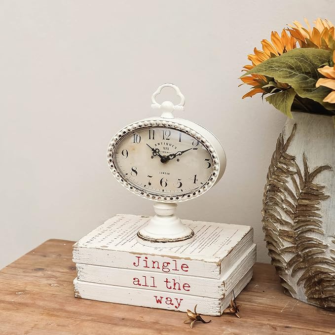 NIKKY HOME Vintage Table Clock with Beads, Silent Shelf Desk Top Clock Battery Operated Antique Design, Chic Home Decor for Fireplace Mantel, Desktop, Countertop, White