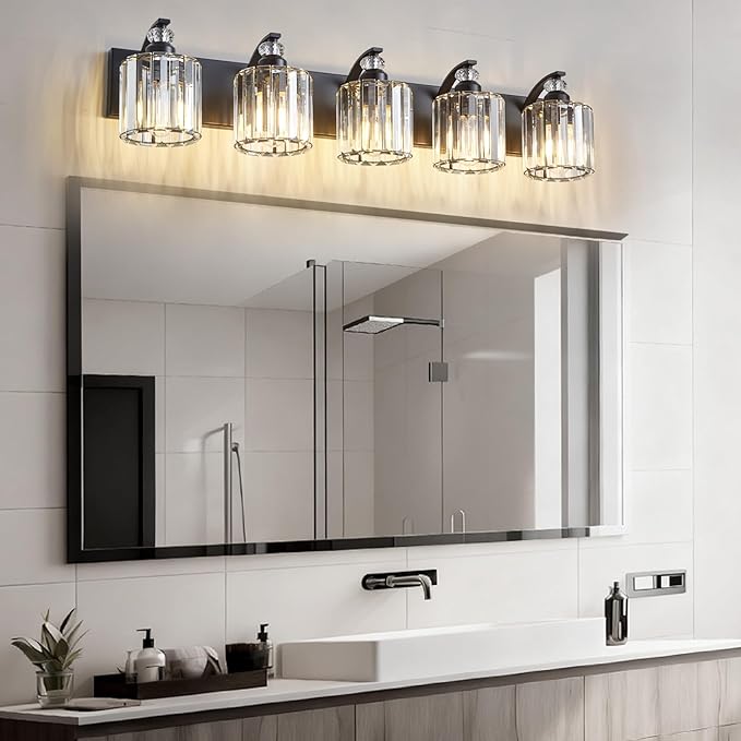 5-Light Black Bathroom Light Fixture Modern Vanity Lights Over Mirror Vintage Wall Sconce Lighting for Bathroom, Bedroom, Living Room, Hallway E26 Base with Crystal Bathroom Vanity Light
