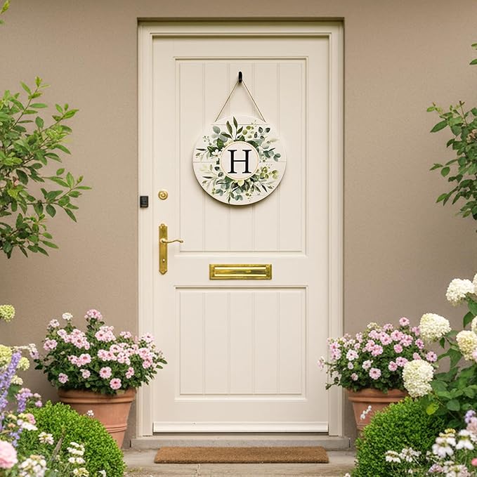 Smile Monogram Letter H Wreaths Wooden Welcome Sign, Family Last Name Initial Front Door Wall Decoration, Floral Spring Summer Porch Rustic Home Kitchen Decor