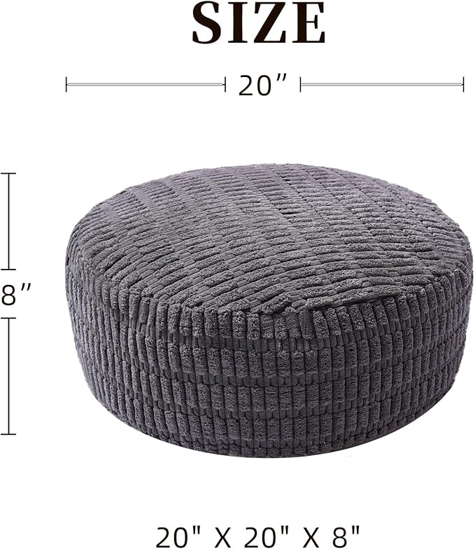 Unstuffed Pouf Ottoman Cover Soft Storage Extra Seat Farmhouse Comfortable Bohemian Poufs Accent Footrest 20x20x8 Inches for Living Room Bedroom Study Nook (Gray A, Round)