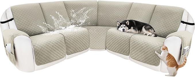 Recliner Sofa Covers 100% Waterproof Recliner Cover Washable Velvet L Shape Recliner Couch Covers for Sofa Pets Anti Slip Recliner Slipcovers with Pockets (5 Seat Sofa, Light Gray)