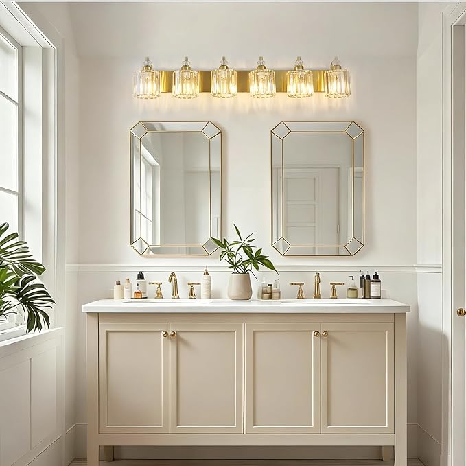 6-Light Modern Vanity Lights Brushed Brass Bathroom Light Fixtures Over Mirror Gold Bathroom Vanity Lighting with Crystal Shade E26 Base Wall Sconce for Bedroom Living Room Restroom Wall Lamp