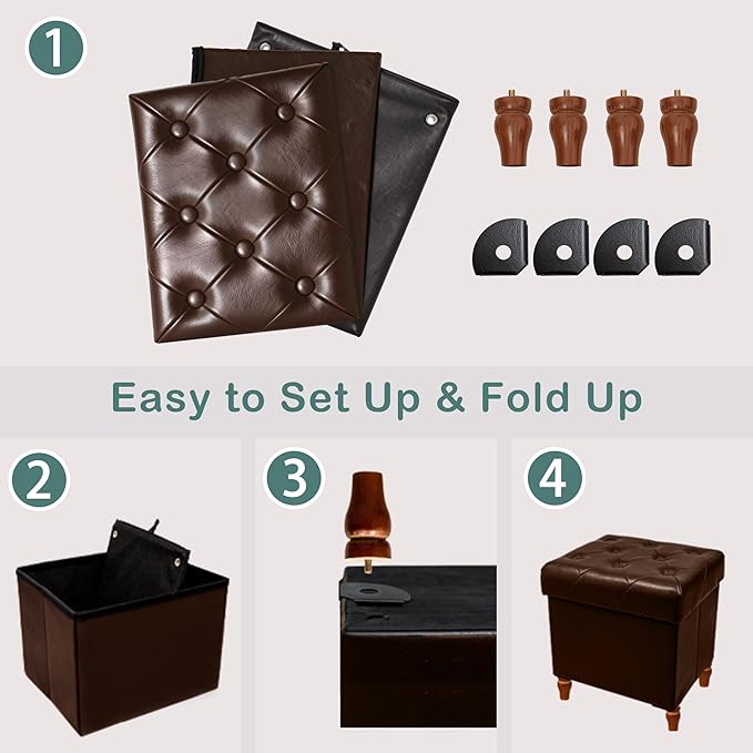 CAROLMADE Folding Storage Ottoman Cube PU Leather Footstool with Wood Legs Ottoman Footrest for Living Room and Bedroom Brown, 15x12.6 x 15.4”