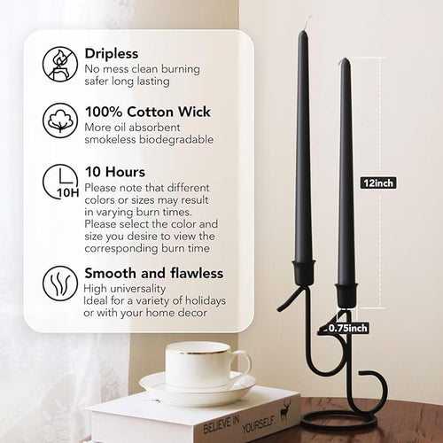 12-Inch Tall Dripless Taper Candles Set of 4 - Black Tapered Candles, Perfect for Halloween - Smokeless, Unscented, Long Burning - Hand Poured, Colored Tall Candlesticks - negras