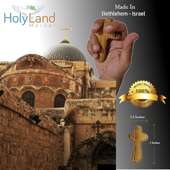 Holy Land Market Comfort/Holding Cross Also Known as Palm or Hand Cross With Velvet Bag And Two Certificates (4 Inches) (1)