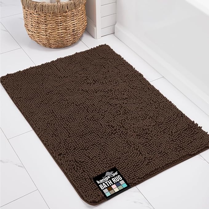 KANGAROO Bathroom Rugs, Chenille Soft Absorbent Bath Rug, Shaggy Shower Mat, Quick Dry Machine Wash Bathmat, Plush Carpet Mats for Tub, Bathtub and Room Home Decor Accessories, 24x17, Brown