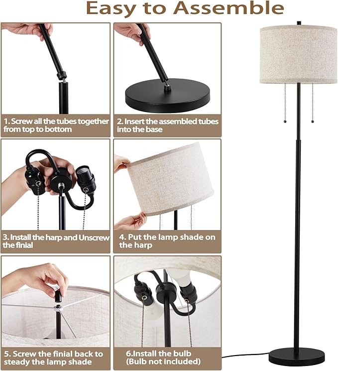 Luvkczc Floor Lamp, 60" Standing Lamp Tall Lamp with Fabric Lampshade&Pull Chain Corner Floor Lamps for Living Room, Bedroom,Office Corner (Black 2 Bulb Socket)