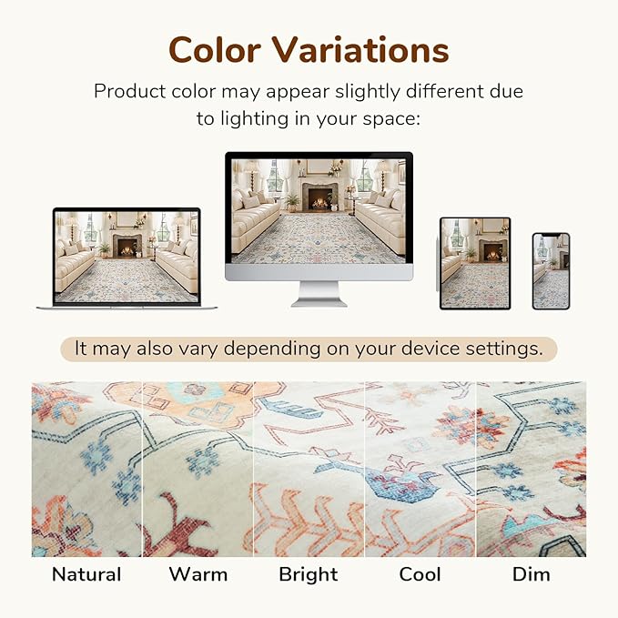 Lessymo Living Room Rug 5x7, Washable Area Rug for Bedroom Dinning Nursery Room Office, Boho Faux Wool Soft Non-Slip Carpet Pets Friendly, Vintage Floral Colorful Pastel Decor, Multi/Ivory
