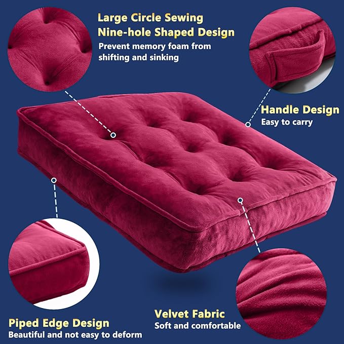 Floor Pillow Set of 2, Memory Foam Meditation Cushion, Floor Cushions for Adults Sitting, Large Square Seat Cushions for Yoga, Living Room, 20x20 Inch (Burgundy)