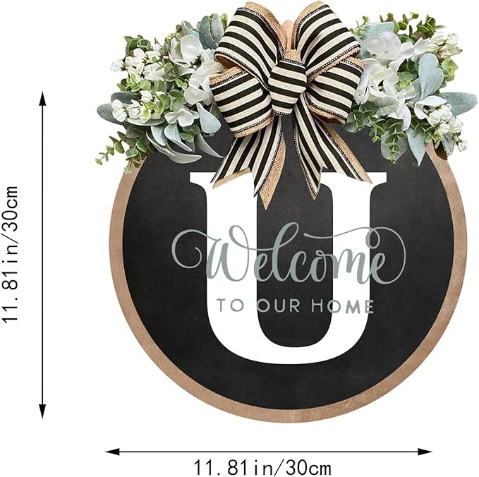 Circular Surname Front Door Welcome Sign - 26 Letter House Wreath, Front Porch Decorations, Year-Round Home Decor (U)