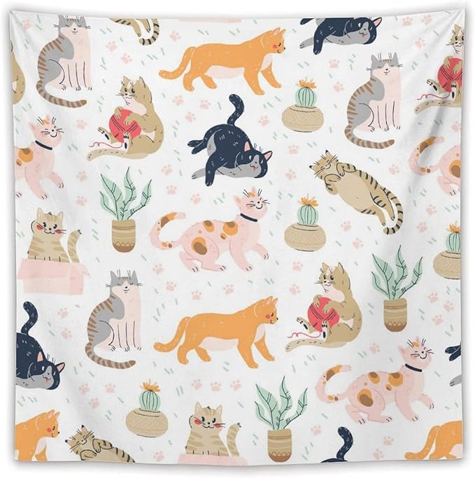 VUMIVI Cute Cat Tapestry Kids Hand-Painted Doodles Colorful Illustrations Potted Plants Paw Prints Tapestry Wall Hanging for Living Room Bedroom Dorm Classroom Aesthetic Decor W60xL60in