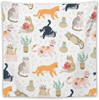 VUMIVI Cute Cat Tapestry Kids Hand-Painted Doodles Colorful Illustrations Potted Plants Paw Prints Tapestry Wall Hanging for Living Room Bedroom Dorm Classroom Aesthetic Decor W60xL60in