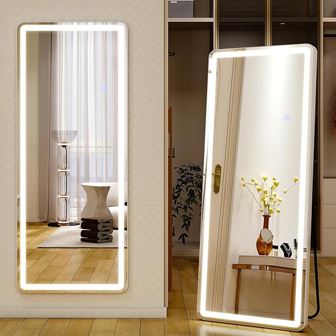 64"x21" LED Full Length Mirror – Standing Floor Mirror with Dimmable Lights 3 Color Modes – Adjustable Brightness, Wall-Mount or Lean for Barber, Fitness Center, Dressing Room, Vanity