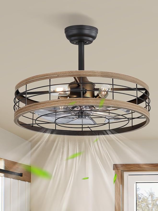 LEDIARY 22 inch Caged Ceiling Fan with Light, Fandelier Industrial Ceiling Fan with Remote, Farmhouse Fan Lights Ceiling Fixtures for Kitchen, Bedroom, Outdoor（6 Speed, Timing）-Brown