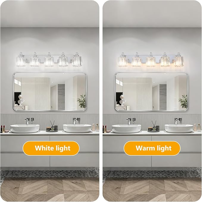 5-Light Modern Bathroom Light Fixture Chrome Vanity Lights Over Mirror Wall Sconce Lighting with K9 Crystal Shades Bathroom Wall Lamp E26 Base for Bedroom, Living Room, Hallway