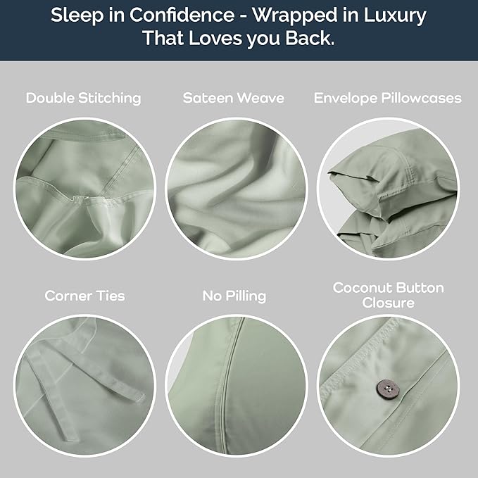 Olive + Crate Tencel Eucalyptus Cooling Duvet Cover Set - Hypoallergenic, Lyocell Tencel Duvet Cover - Soft, Temperature Regulating with Hidden Button Closure & Corner Ties - Queen Size [Spring Sage]