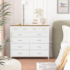 White Dresser for Bedroom with 12 Deep Drawers, Wide Chest of Drawers, 55" TV Stand with Retro Wood Top, Tall Fabric Dresser for Closet, Nursery
