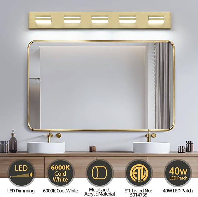 OKELI 5-Light Bathroom Vanity Light Gold Modern LED Vanity Light Over Mirror Dimmable Mirror Front Lamp with 350° Adjustable Lamp Head ETL Listed 32W 6000K Cold White