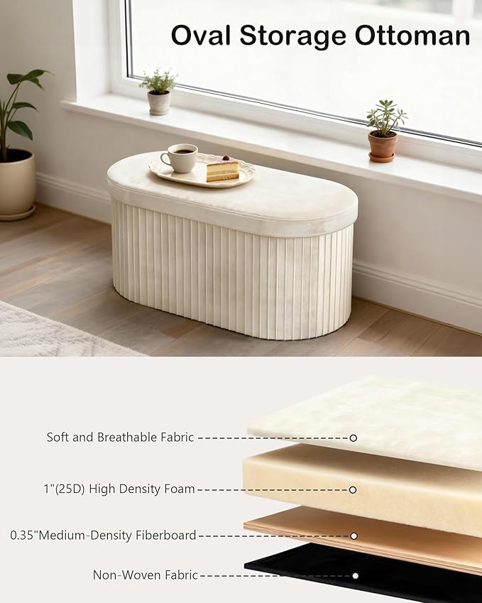GLAXYFUR Oval Storage Ottoman Bench, Velvet Foot Rest, 30 Inch Folding Chest for Living Room, Bedroom, Beige