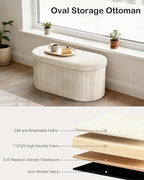 GLAXYFUR Oval Storage Ottoman Bench, Velvet Foot Rest, 30 Inch Folding Chest for Living Room, Bedroom, Beige