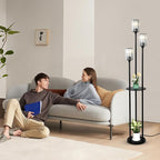HMVPL Crystal Floor Lamp with Shelves, Modern Floor Lamps for Living Room, 3-Light Standing Lamps with Table, Black Tall Lamp with Crystal Shade, On/Off Foot Switch, Corner Floor Lamp for Bedroom
