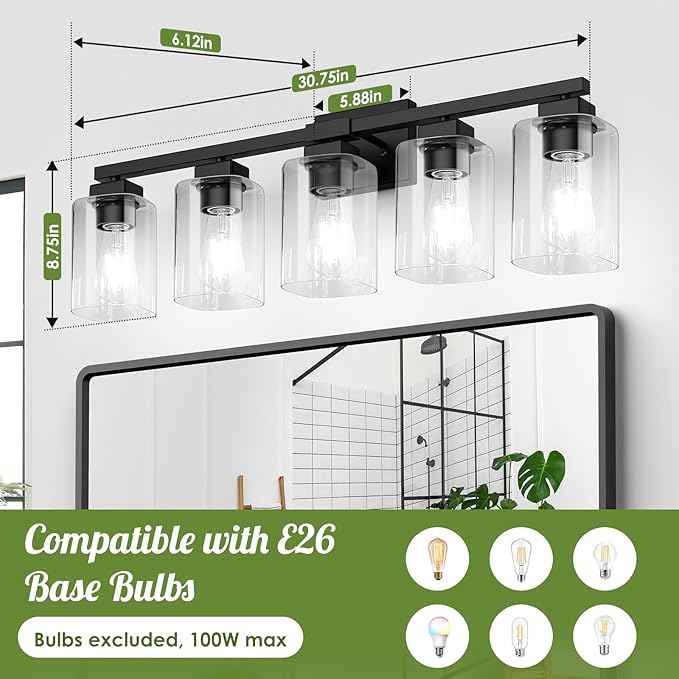 BesLowe 31" 5-Light Bathroom Light Fixture, Modern Black Bathroom Vanity Light, Bathroom Lighting Fixtures Over Mirror, Matte Black Wall Socnce Lamp, Wall Lights for Living Room Bedroom Hallway
