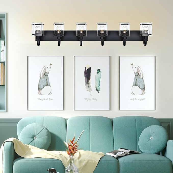 6 Light Bathroom Vanity Lights Fixtures, Black Bathroom Wall Lights Modern Bath Wall Mounted Lights with Clear Glass Shade Wall Light for Mirror Bed Hallway (E26 Base)
