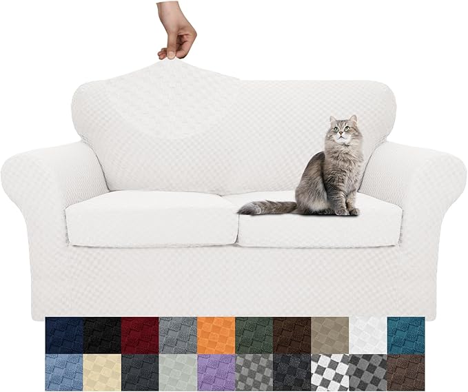 YEMYHOM Latest Checkered 3 Pieces Couch Covers for 2 Cushion Couch High Stretch Thickened Love Seat Sofa Cover for Dogs Pets Anti Slip Elastic Loveseat Slipcover Protector (White), 55"-69"(2 CUSHIONS)