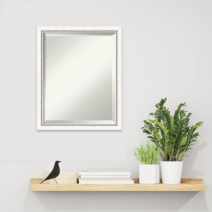 Amanti Art White Wall Mirror 22x18 Morgan White Silver Rectangle Bathroom Mirror for Wall Decor Living Room, Small Modern Wood Frame, Hangs Horizonally and Vertically, Bathroom Decor, Beveled Edge
