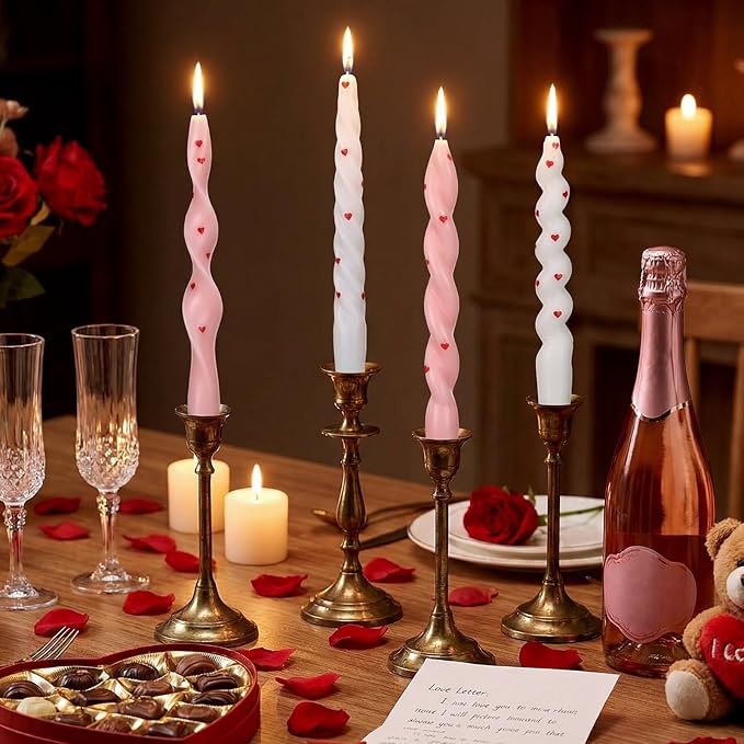 Nuanchu 4 Pcs 7.87 Inch Twisted Taper Candles Wax Unscented Smokeless Spiral Swirl Candlesticks for Wedding Holiday Dinner Party Home Decorations (Pink White,Heart)