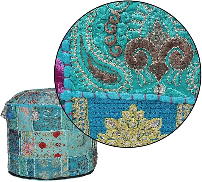 Aakriti Gallery Indian Pouf Footstool Ethnic Embroidered Pouf Cover, Indian Cotton Round Pouffe Ottoman - Cover Only (Turquoise, 22x14)