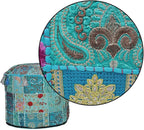 Aakriti Gallery Indian Pouf Footstool Ethnic Embroidered Pouf Cover, Indian Cotton Round Pouffe Ottoman - Cover Only (Turquoise, 22x14)