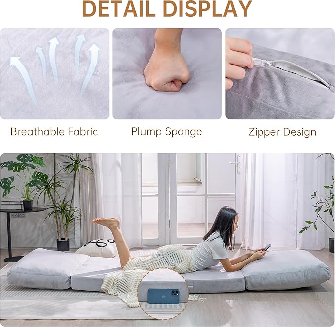 Bean Bag Chairs for Adults,Folding Sofa Bed,Floor Couch Bed, Foam Filling Fold Floor Mattress with Washable Soft Faux Fur Cover, Leisure Floor Couch for Bedroom Living Room(Grey,Single)