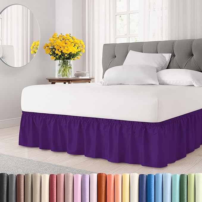 Wrap Around Dust Ruffle Bed Skirt - Purple - for Full Size Beds with 21 Inch Drop - Easy Fit Elastic Strap - Adjustable Pleated Bedskirt w/Brushed Fabric - Wrinkle Free - for Women, Men, Kids & Teens
