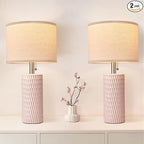 20.5" Modern Ceramic Table Lamps for Bedroom Set of 2, Bedside Lamps for Night Stands with Beige Lampshade, Farmhouse Table Lamp for Living Room Office Dorm, Pink