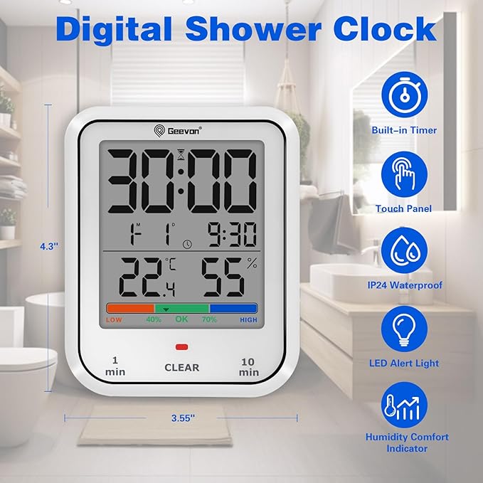 Geevon Digital Bathroom Clock, Waterproof Shower Timer with Large Touch Screen, Battery Operated Bathroom Wall Clock with Temperature & Humidity Display - Suction Cup/Hanging Hole/Stand (White)