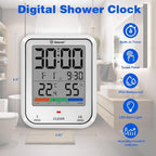 Geevon Digital Bathroom Clock, Waterproof Shower Timer with Large Touch Screen, Battery Operated Bathroom Wall Clock with Temperature & Humidity Display - Suction Cup/Hanging Hole/Stand (White)