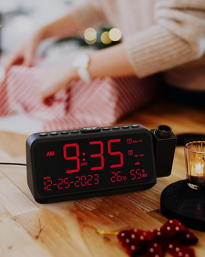 Roxicosly Projection Alarm Clock for Bedroom Ceiling, 118 dB Super Loud for Heavy Sleepers, 6.7" Large Digital Dimmable Display with Day Date Indoor Temp Humidity, Dual Alarms Adjustable Volume