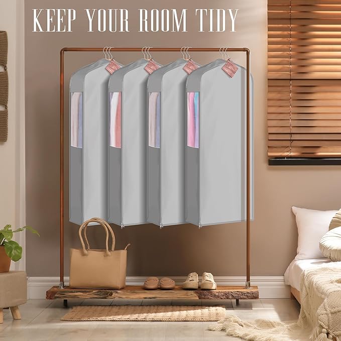 2 Set 40in Short Cotton Garment Bags, 6in Wide Gusset Hanging Storage Clothes with 8 Cedar Blocks, Transparent Mesh Window, Breathable Closet Bags for Fur Coat Suit Sweater Dress, Gray