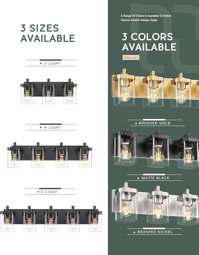 Bathroom Light Fixtures, 5-Light 30" Vanity Light with Square Clear Glass Shade, Modern Matte Black Wall Sconces, Vanity Lighting Fixtures Over Mirror, VL194-MB-5