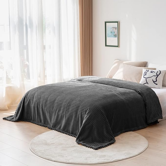 DISSA Fleece Blanket Throw Size – 51x63, Dark Grey – Soft, Plush, Fluffy, Fuzzy, Warm, Cozy – Perfect Throw for Couch, Bed, Sofa - with Pompom Fringe - Flannel Blanket Throw Blanket