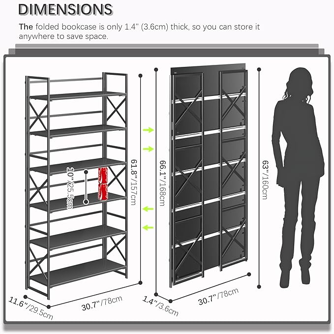 4NM Extra Wide 6 Tiers No Assembly Book Shelves, 61.8" H Folding Bookshelf Bookcase Open Industrial Foldable Shelves for Bedroom, Living Room, Home Office - All Black