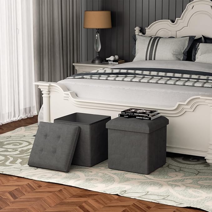MoNiBloom 15 Inches Storage Ottoman Cube, Folding Square Foot Rest Stool, Small Ottoman Footrest with Storage for Living Room, Bedroom, Entryway, Dark Gray
