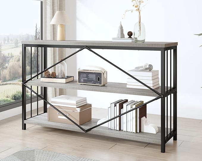 IBF 47" Gray 3 Tier Low Bookcase,Industrial Modern Short Horizontal Etagere Bookshelf, Simple Wide Open Rustic Metal and Wooden Book Shelf for Bedroom Living Room Home Office Storage, Light Grey Oak