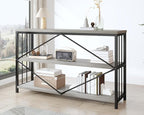 IBF 47" Gray 3 Tier Low Bookcase,Industrial Modern Short Horizontal Etagere Bookshelf, Simple Wide Open Rustic Metal and Wooden Book Shelf for Bedroom Living Room Home Office Storage, Light Grey Oak