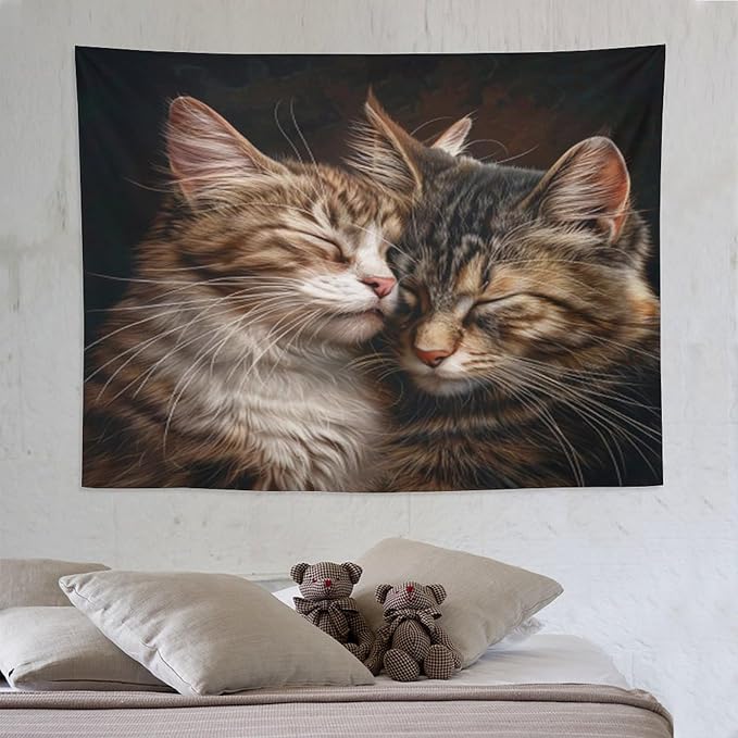 VUMIVI Cat Tapestry Adorable Animals Two Kittens Snuggling Together Vintage Print Realistic Design Tapestry Wall Hanging for Living Room Bedroom Dorm Classroom Aesthetic Decor W80xL60in