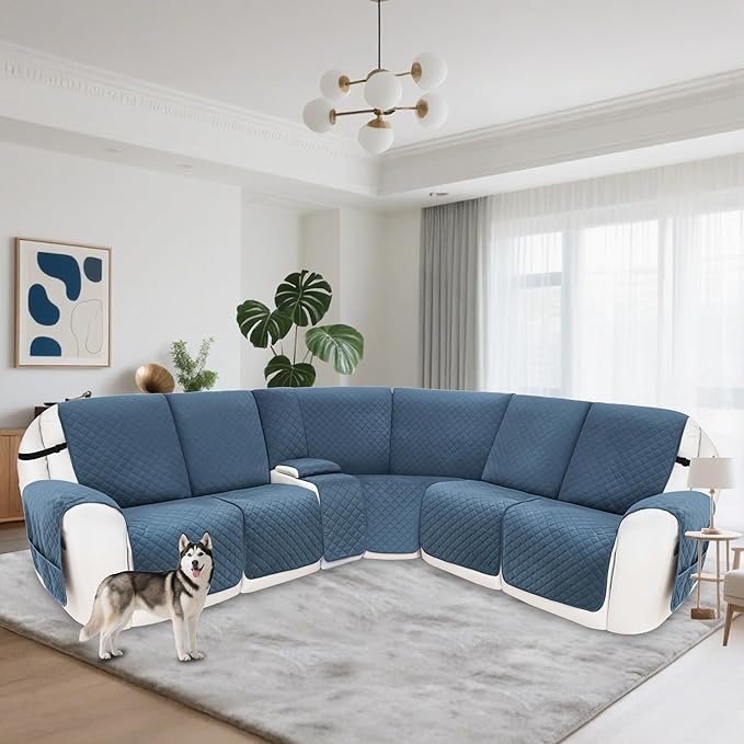 Recliner Sofa Covers 100% Waterproof Velvet L Shape Recliner Couch Covers for Dogs Pets Washable Anti Slip Recliner Slipcovers with Pockets (5 Seat Sofa with 1 Console, Dark Blue)